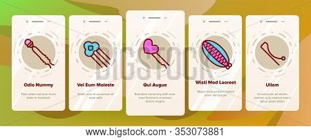 Barrette Accessory Onboarding Icons Set Vector. Barrette Pin Fashion Stylish Hair Tool With Flower, 