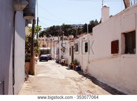 Afandou, Rhodes, Greece - February 28, 2020: A Street In The Village Of Afandou, Rhodes, Greece