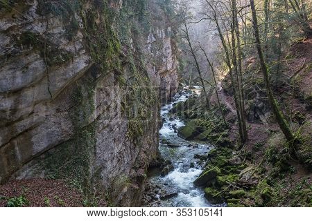 Areuse Stream With Gorge And Hiking Trail In Swiss Jura, Wild Natural Forest