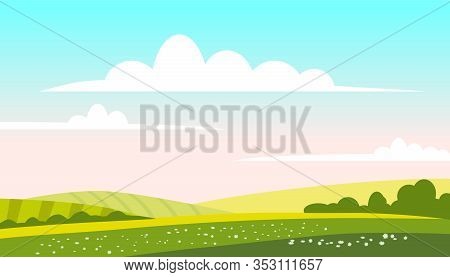 Rural Landscape Green Hills Fields, Nature, Bright Color Blue Sky. Countryside Scenery Panorama Agri