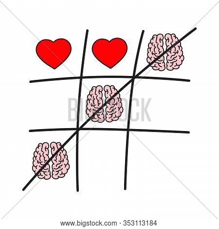 Noughts And Crosses Game With Hearts And Brains, Vector
