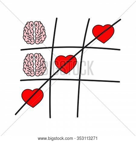 Noughts And Crosses Game With Hearts And Brains, Vector