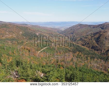 Colorful Silesian Beskids Mountains Land Near Salmopol Pass View Above European City Of Szczyrk In P