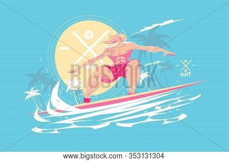 Guy Standing On Surfboard Vector Illustration. Young