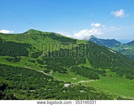 Grassy Alpine Mountain Peak Schönberg (schonberg Or Schoenberg) Over The Saminatal Alpine Valley And