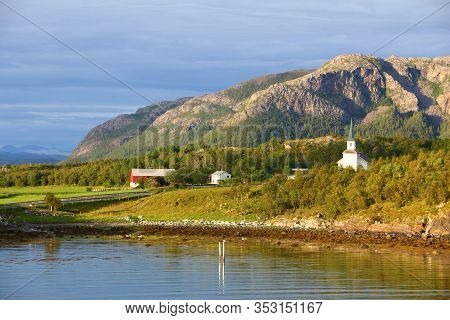 Bindal Municipality In Norway. Rural Landscape With Village Church.