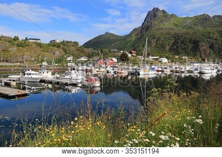 Lofoten Islands In Arctic Norway. Svolvaer Harbor View On Austvagoya Island.