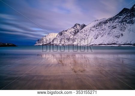 Gulf, Bay, Sand Beach With A Huge Surf In Ersfjord In Sunset