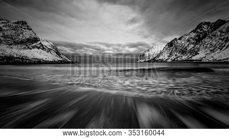 Gulf, Bay, Sand Beach With A Huge Surf In Ersfjord In Sunset