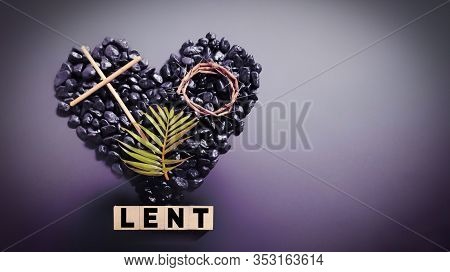Lent Season,holy Week And Good Friday Concepts - Word Lent On Wooden Blocks With Wooden Cross,crown 