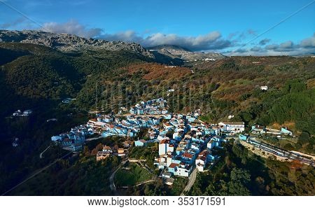 Aerial Photography Drone Point Of View Of Júzcar Town Remarkable Place All Residential Houses Painte