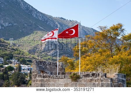 Bellapais, Cyprus - January 27:  The Flags Of Turkey And The Turkish Republic Of Northern Cyprus Fly