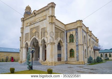 Gabala, Azerbaijan - January 03, 2018: Building Of City Mosque  Close-up On January Cloudy Day