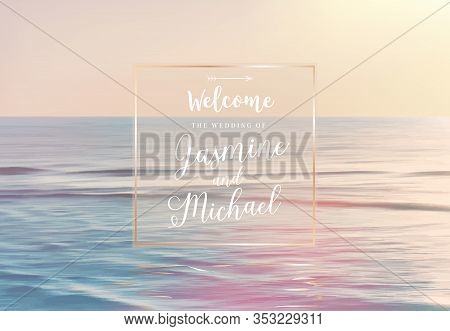 Scenic Pink And Yellow Ocean Sunrise View Vector Design Frame. Tranquil Costline Horizontal Panorama
