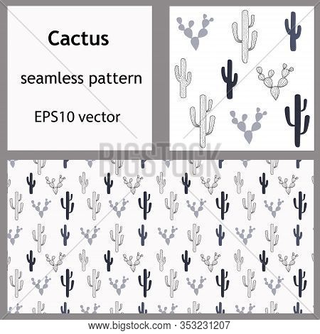 Cactus Seamless Pattern And Rectangular Background. Outline And Grey Hand-drawn Scandinavian Cacti F