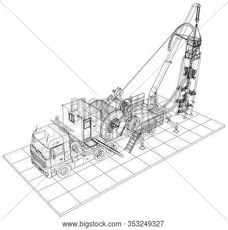 Oilfield Coiled Tubing Equipment. Coiled Tubing Reel On A Trailer. The Layers Of Visible And Invisib