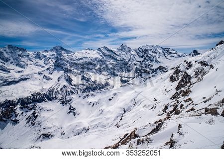 Breathtaking Panoramic View Of Grosshorn, Breithorn, Gspaltenhorn And Wyssi Frau Summits In Swiss Al