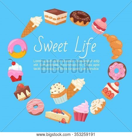 Hand Drawn Vector Template Of Menu With Desserts, Sweets And Bakery Products. Design With Cake, Cupc