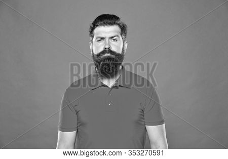 Hiring Barber. Barber Career. Barber Salon. Man Bearded Hipster With Long Beard And Mustache On Red 