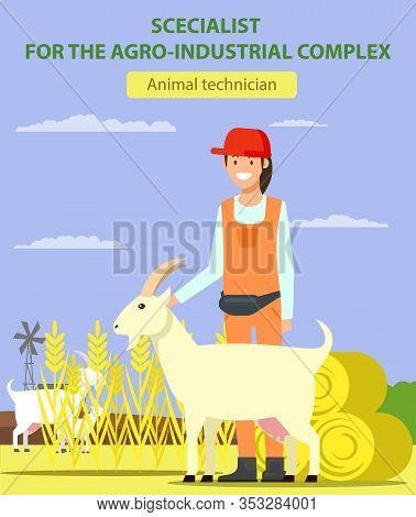 Woman In Red Cap With Goat On Field. Animal Technician. Specialist For Agro-industrial Complex. Smil
