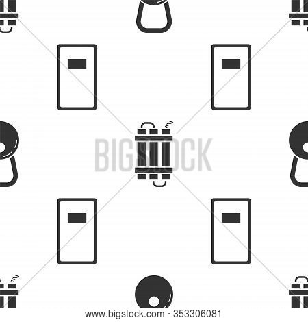 Set Kettlebell , Detonate Dynamite Bomb Stick And Police Assault Shield On Seamless Pattern. Vector