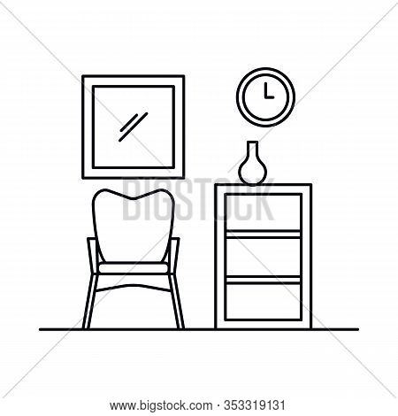 Interior With Armchair, Chair, Mirror, Shelves, Whatnot, Pot, Clock. Vector Interior With Armchair, 