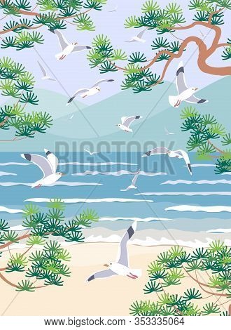 Simple Natural Background With Sea Coast Scenery. Serenity Landscape With Blue Water, Small Waves, M