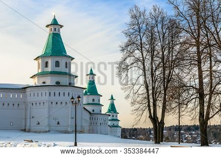 Snow And White Towers With Green Roof Of New Jerusalem Monastery Fortified Walls, Istra, Moscow Regi