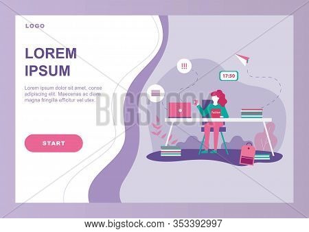 Procrastination And Time Wast Problem Flat Banner. Cartoon Landing Page. Woman Worker Character Watc