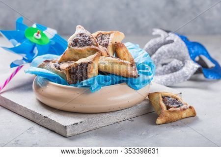 Purim. Hamantaschen . Purim Background With Carnival Mask And Hamantaschen Cookies. Holiday Celebrat