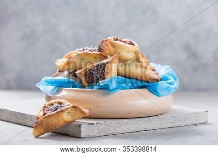 Purim. Hamantaschen .traditional Jewish Hamantaschen Cookies With  Dried Apricots, Dates. Purim Cele