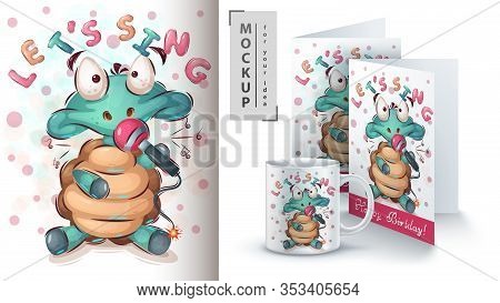Turtle With Microphone Poster And Merchandising. Vector Eps 10