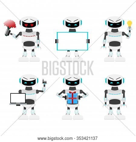 Robots Set Poses And Action. Cyborg With Laptop Or Flowers, Android Mechanical Present Gift, Robotic