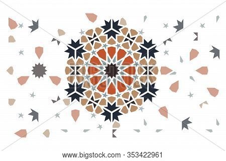 Arabesque Vector Round Tile Element. Hexagonal Geometric Decor With Random Tile Edges For Cloth And 