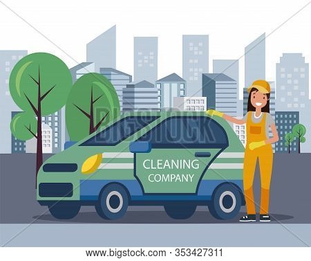 Woman Standing Near Cleaning Company Car Flat Cartoon Vector Illustration. Woman Cleaner In Uniform 
