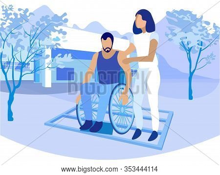 Disabled Man Sitting In Wheelchair. Handicapped Person With Personal Nurse Assistant On Walk In Park