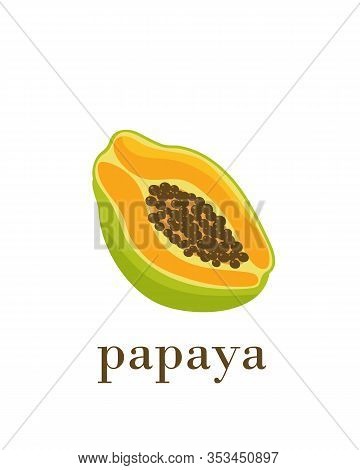 Half Of A Ripe Exotic Papaya Fruit, Isolated On A White Background. Vector Hand Drawn Illustration.