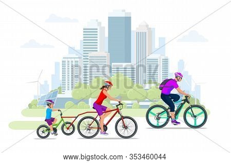 Family Outdoor Activity. Happy Family Concept. Healthy Lifestyle Outdoor. Bicycle Isometric People.