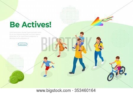 Family Outdoor Activity. Happy Family Concept. Healthy Lifestyle Outdoor. Bicycle Isometric People.
