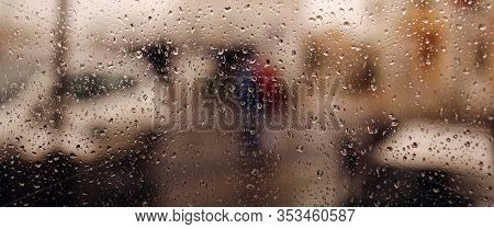 Rain Drops Banner On The Window. Drops Of Water From The Rain Flow Down The Glass. Rainfall, Drip, R