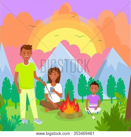 Camping With Family In Mountains Flat Drawing. Travel Postcard. Trekking, Hiking. Mother, Father, So