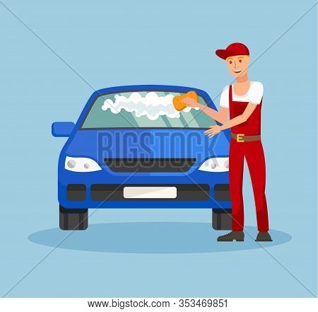 Worker In Car Wash Service Vector Illustration. Man In Overalls And Cap Cleaning Windshield Characte