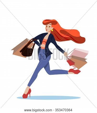 Advertising Flyer Shopping Girl Runs Cartoon. Beautiful Girl Is Preoccupied And Quickly Goes Shoppin