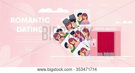 Romantic Dating Concept. Love Couple Boyfriend Girlfriend Have Fun Photo Booth Cabin Cartoon Vector 