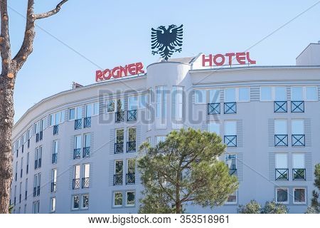 Tirana, Albania. February 2020: Hotel Rogner On Boulevard Of Martyrs In Center Of City Of Tirana, Al