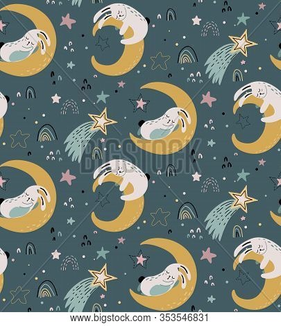 Vector Seamless Pattern With Cute Animals Fliyng And Sleeping On Moon And Rainbow.