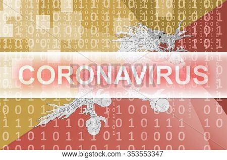 Bhutan Flag And Futuristic Digital Abstract Composition With Coronavirus Inscription. Covid-19 Outbr