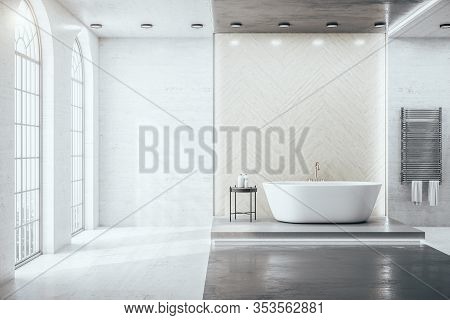 Contemporary Bathroom Interior Room With Decorative Objects And City Viwe. Style And Hygiene Concept