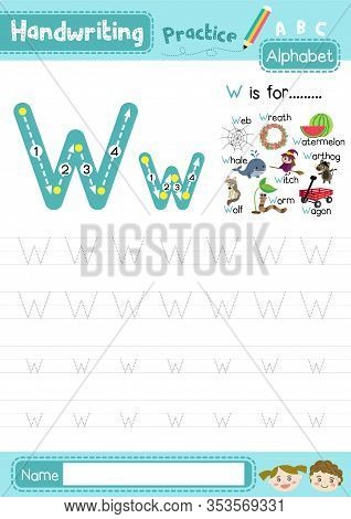 Letter W Uppercase And Lowercase Cute Children Colorful Abc Alphabet Trace Practice Worksheet For Ki