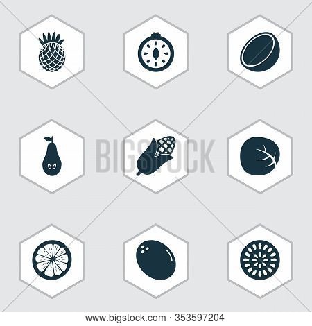 Food Icons Set With Cocoanut, White Cabbage, Lemon And Other Cauliflower Elements. Isolated Illustra